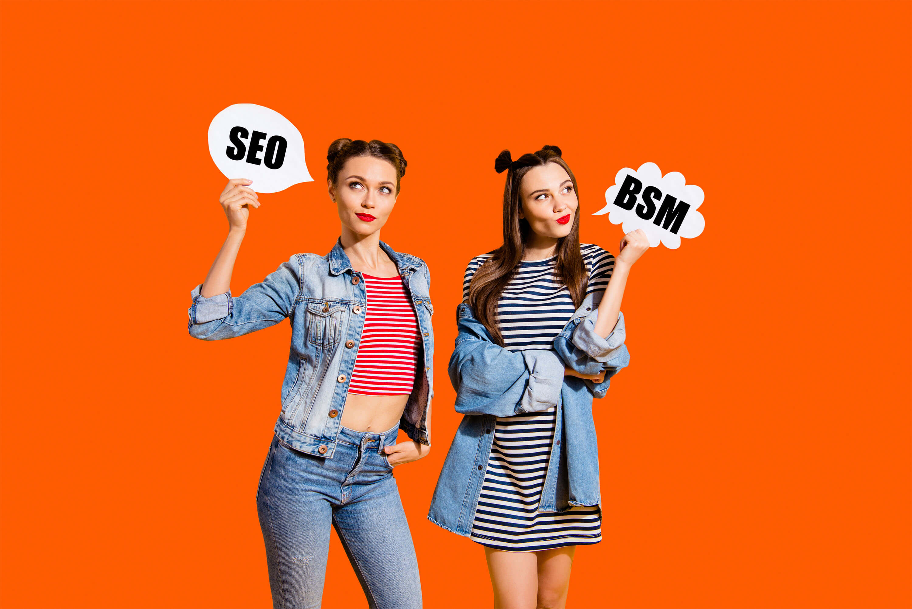 Rozdíl mezi SEO a brand semantics — dvě ženy symbolizující dva marketingové přístupy, klasické SEO a BSM v éře AI
